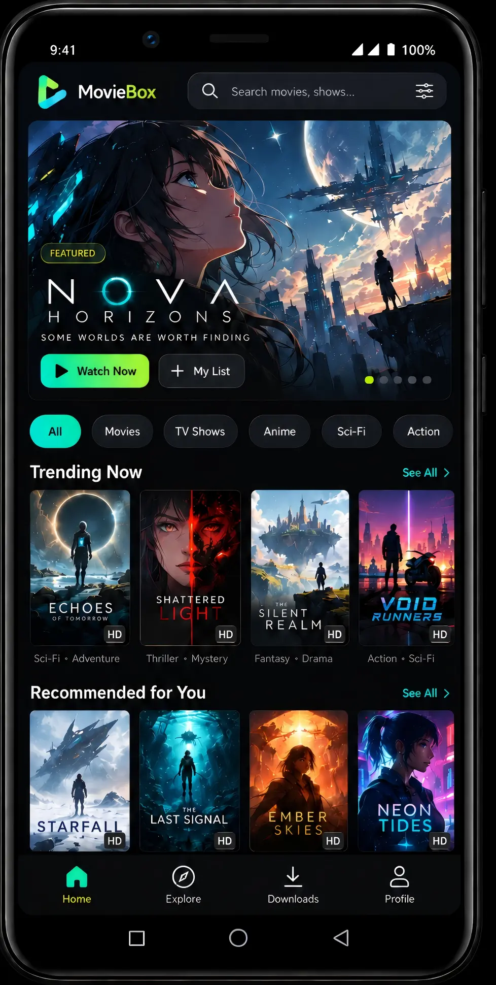 MovieBox APK mobile app home screen featuring anime and sci-fi movies