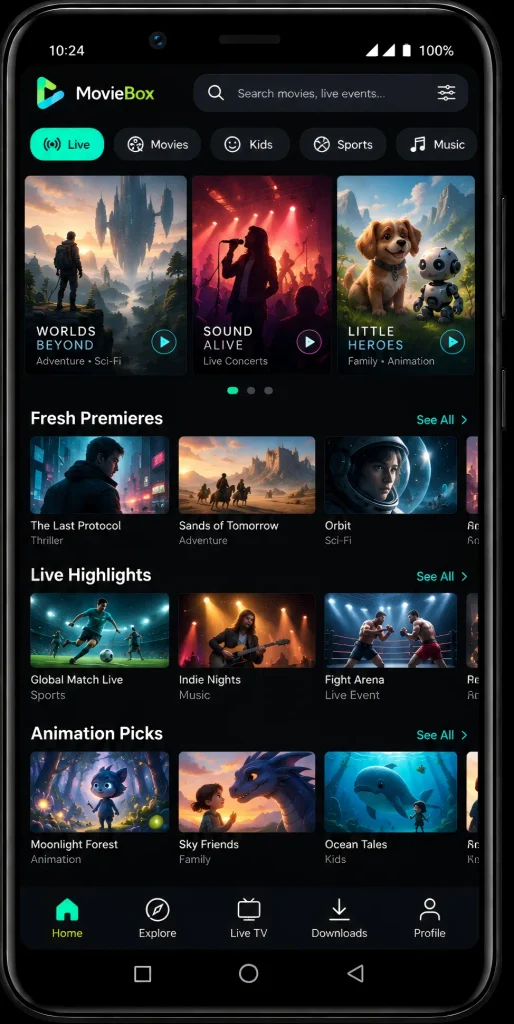 Fantasy movies and short stories streaming interface