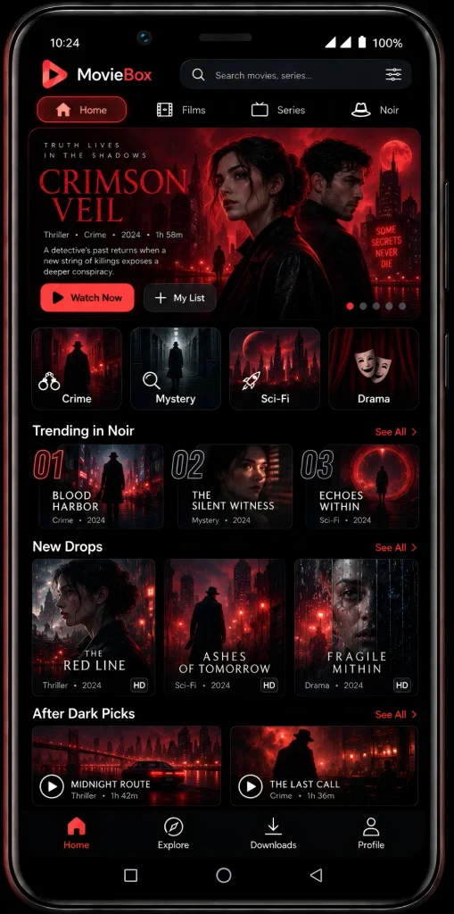 Live entertainment and movie categories on Android app