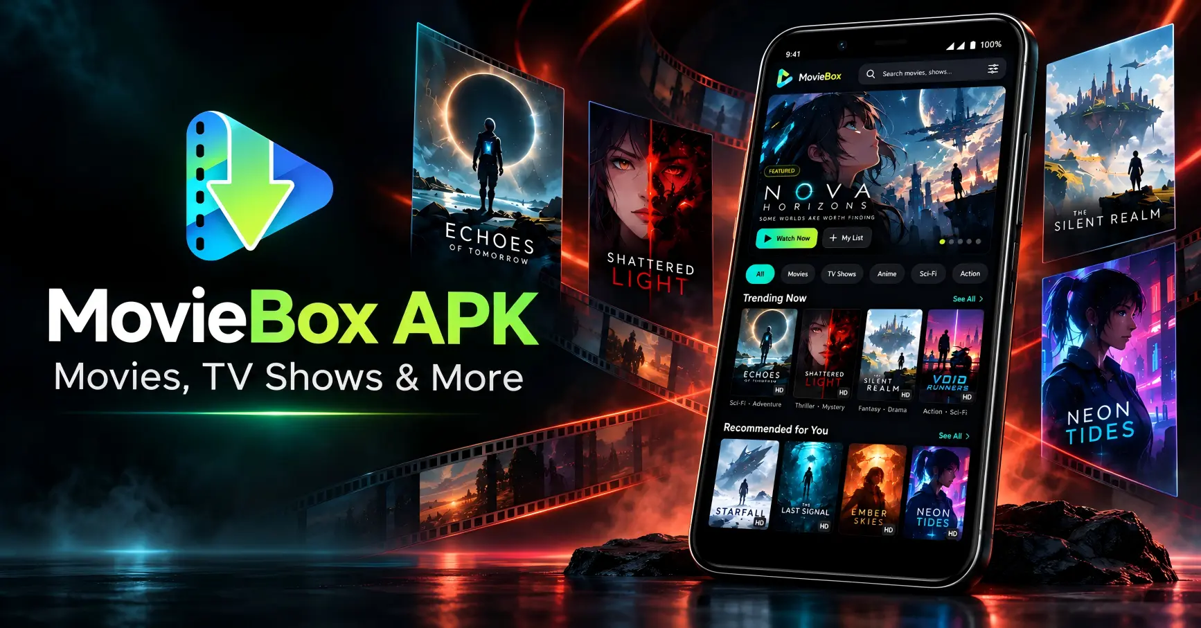 MovieBox APK homepage featured image with mobile app preview